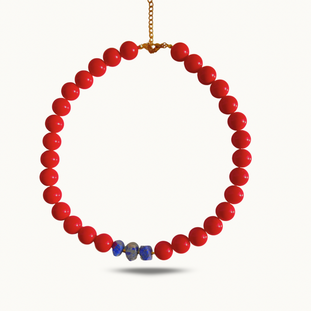 Collier “Red Statement” – Perles Rouge & Pierres naturelles Bleu