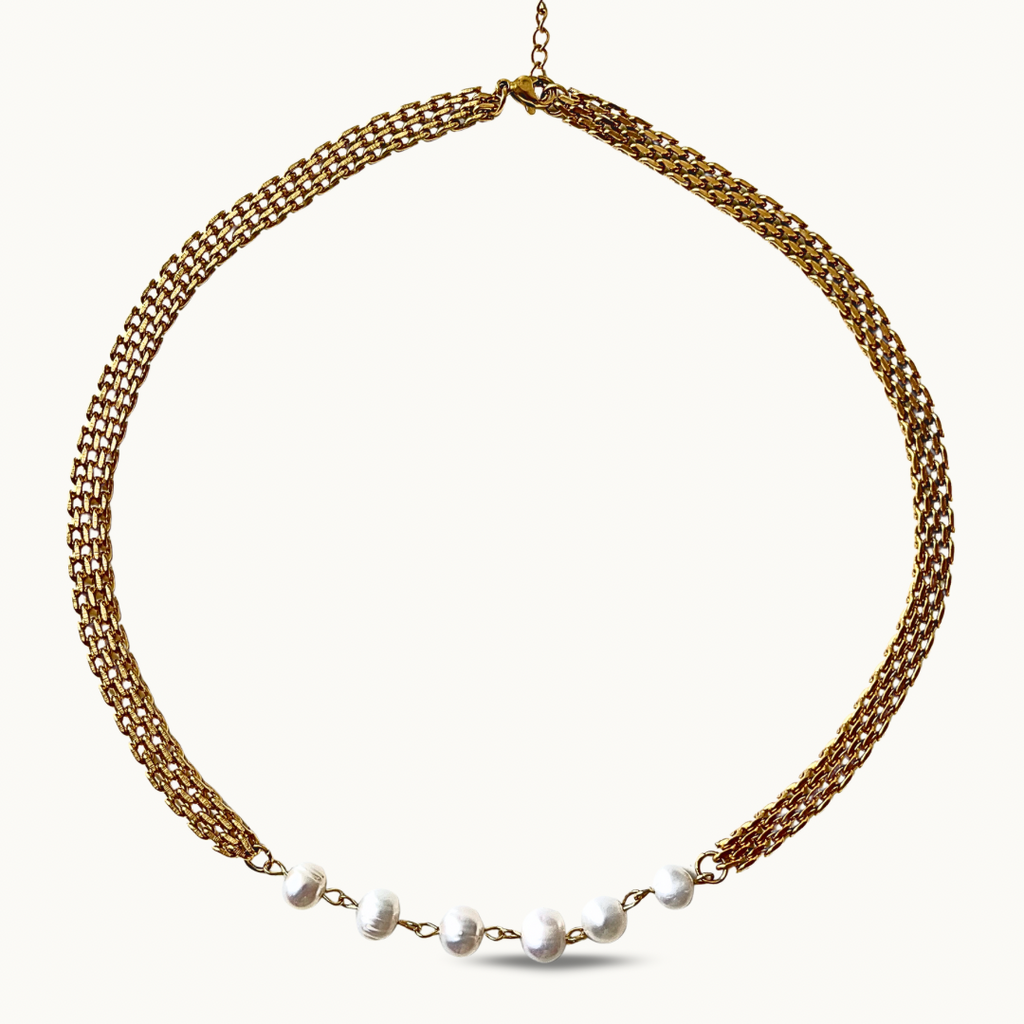Collier Golden Pearl — Maille Dorée & Perles Blanches