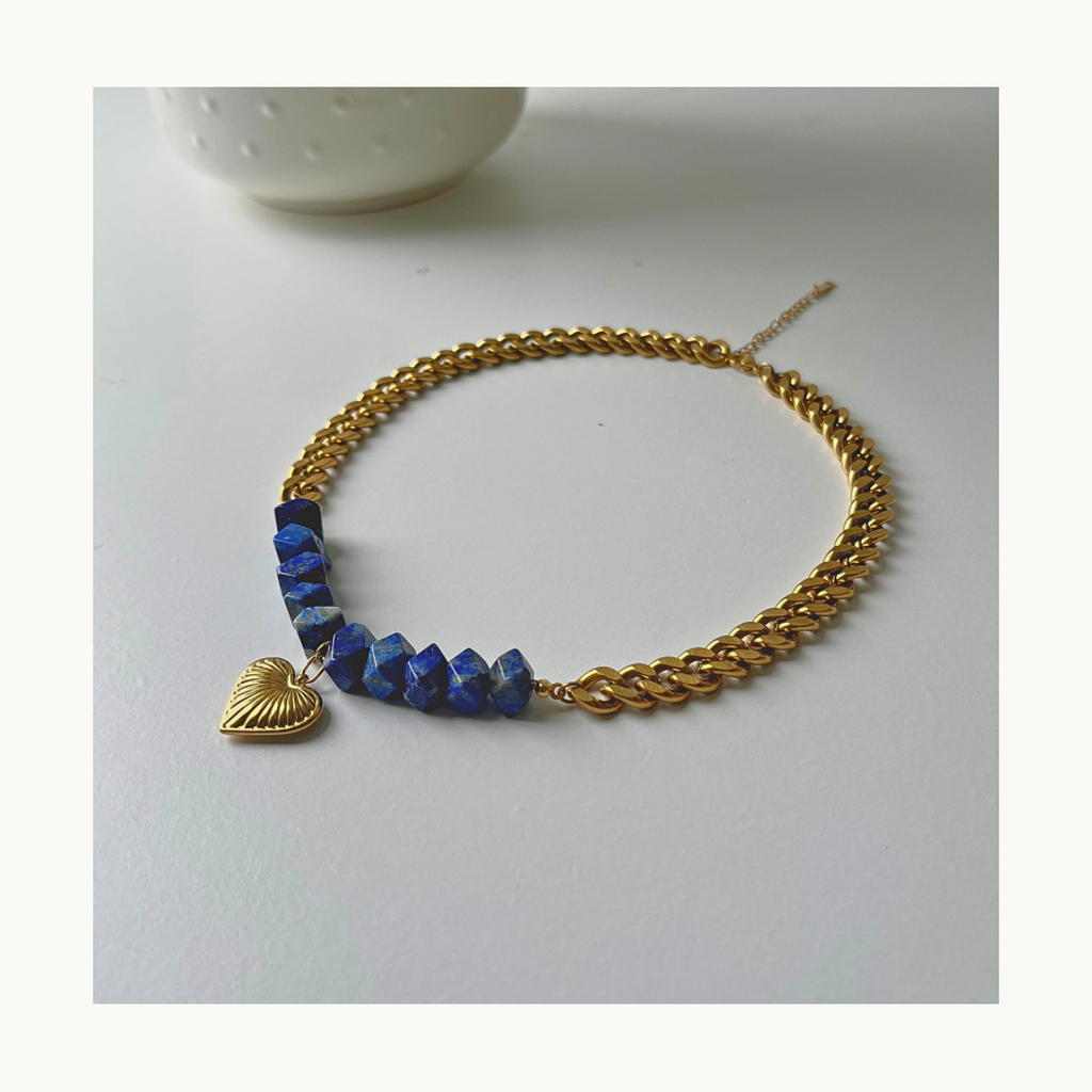 Collier Blue Heart — Doré & Pierres Bleues