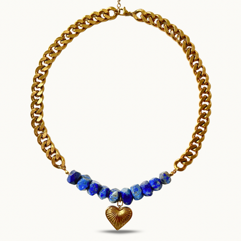 Collier Blue Heart — Doré & Pierres Bleues
