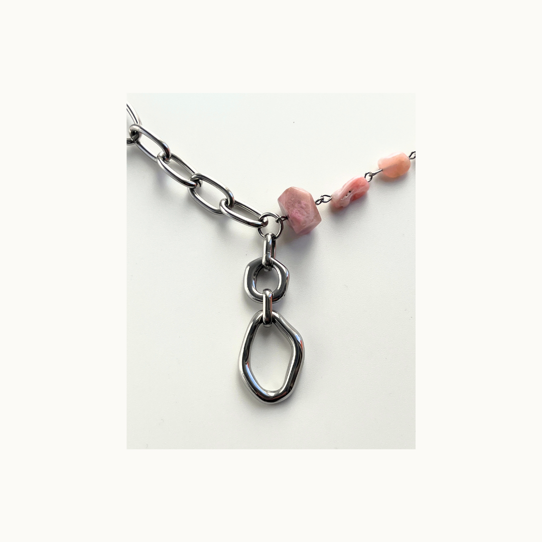 Collier ROSE DUST – Rhodonite brute &amp; Acier Inoxydabled