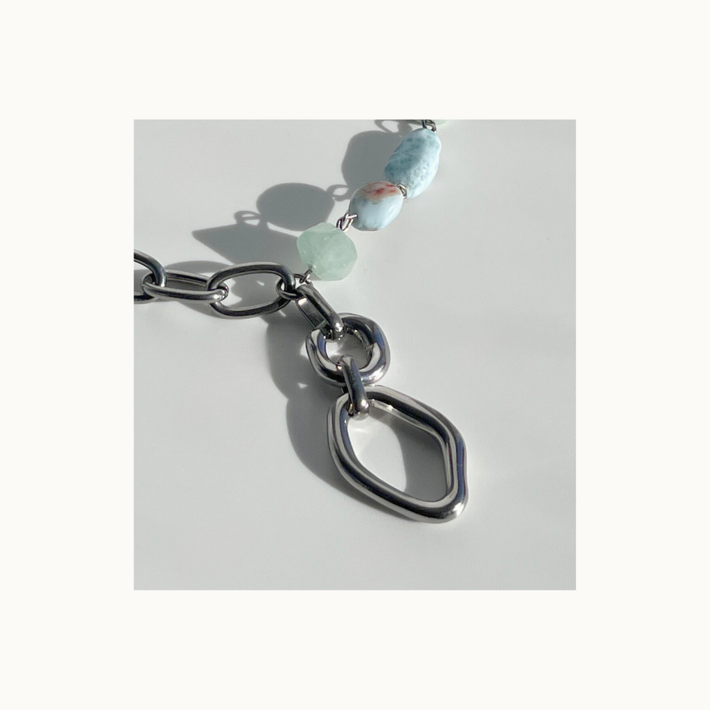Collier ATLANTIS – Chaîne acier inoxydable & Aigue-marine brute