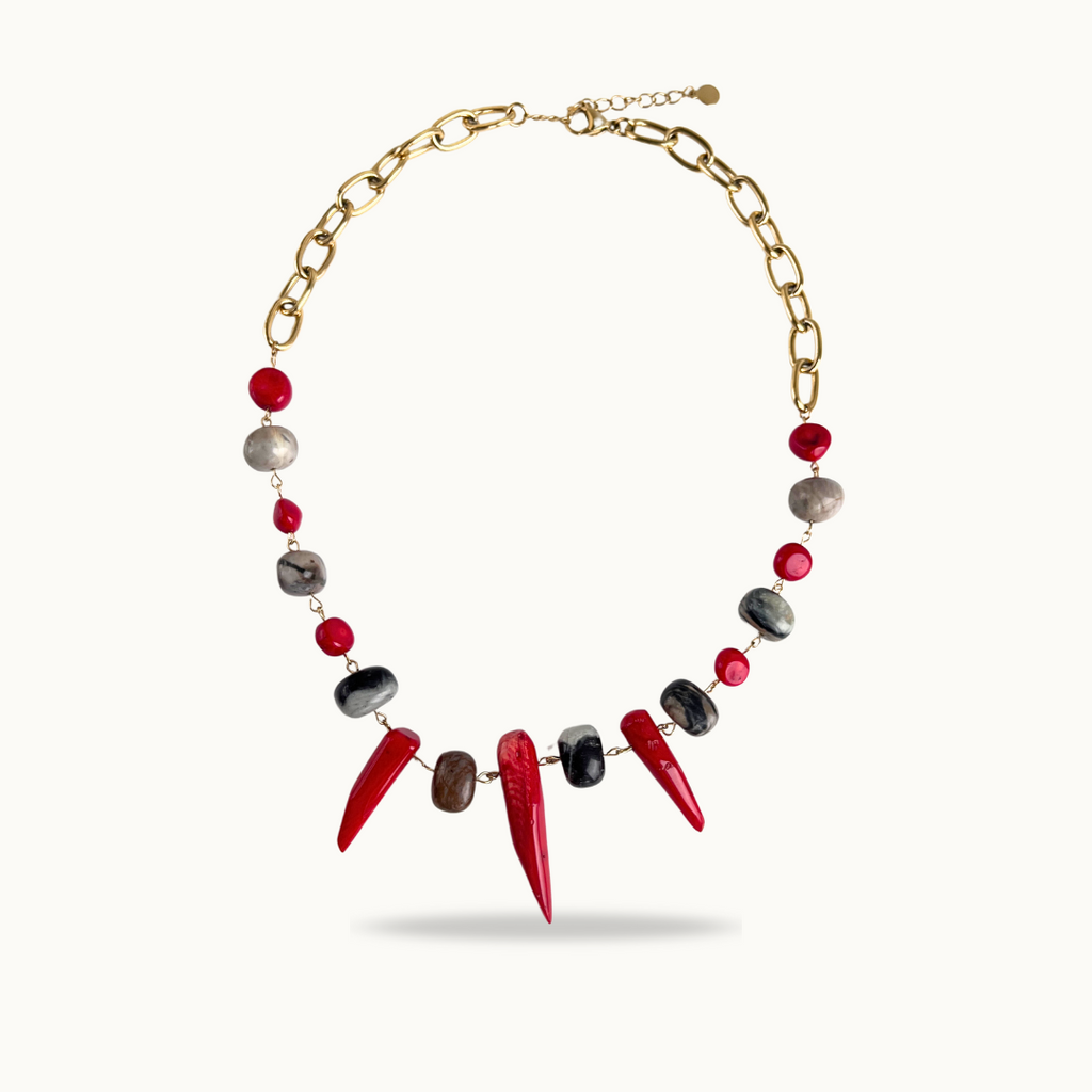 Collier “Red Energy” – Corail Rouge, Jaspe Picasso & Acier inoxydable Doré
