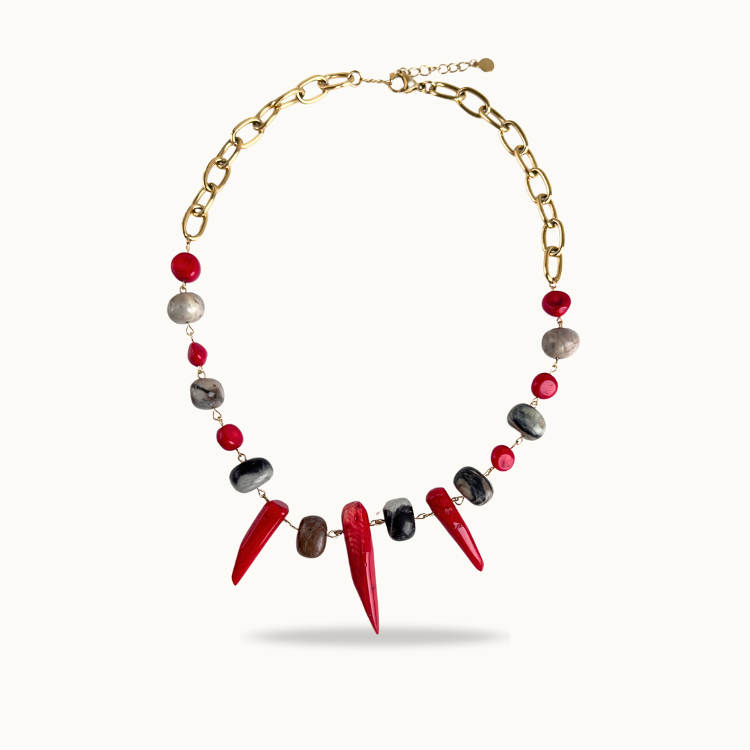 Collier “Red Energy” – Corail Rouge, Jaspe Picasso & Acier inoxydable Doré