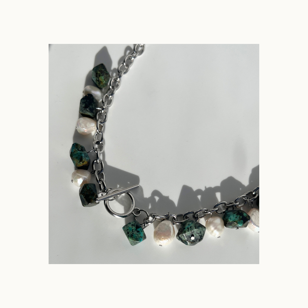 Collier JUNGLE PEARL – acier inoxydable argent - Chrysocolle & Perles d’eau douce baroques