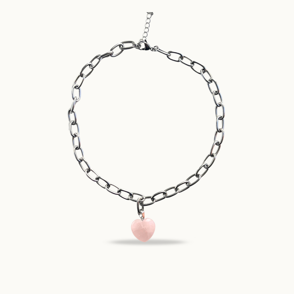 Collier HEARTSTONE – Quartz rose &amp; Chaîne acier inoxydable