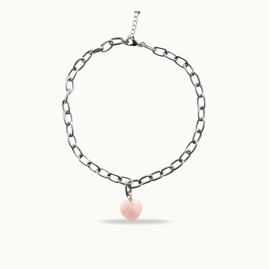 Collier HEARTSTONE – Quartz rose &amp; Chaîne acier inoxydable