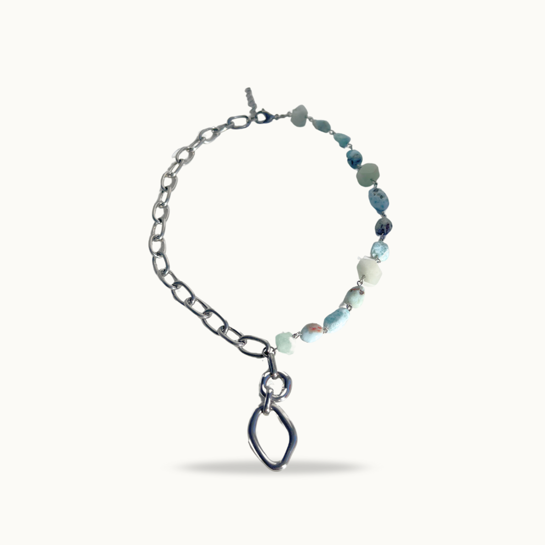 Collier ATLANTIS – Chaîne acier inoxydable & Aigue-marine brute