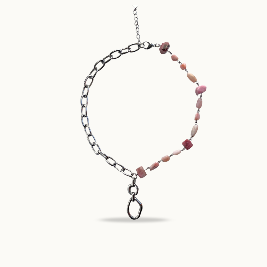 Collier ROSE DUST – Rhodonite brute &amp; Acier Inoxydabled