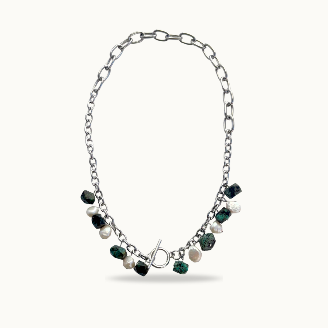 Collier JUNGLE PEARL – acier inoxydable argent - Chrysocolle & Perles d’eau douce baroques